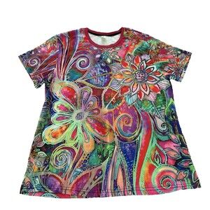 CHAOS MONKEY Womens T-shirt Multicolor Abstract Floral Print Hippie style Sz 1XL